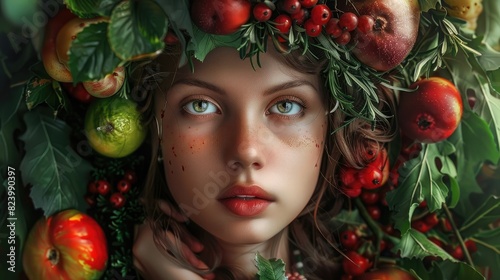 a girl with fruits and vegetables realistic