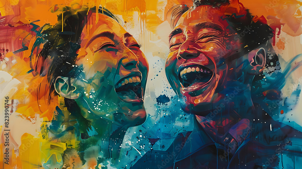 A joyful Chinese man and Japanese woman share laughter and happiness, reveling in each other's company, showcasing cultural harmony and genuine joy.