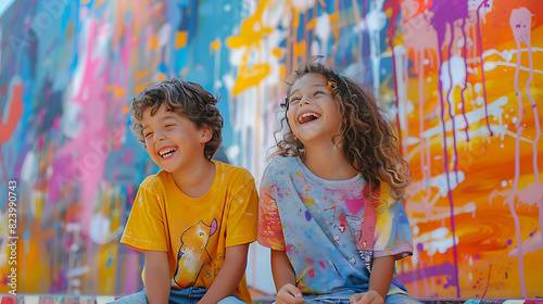 Two children sitting on a wall, gleefully laughing, embodying joy and innocence against a backdrop of friendship and carefree moments captured in vibrant imagery