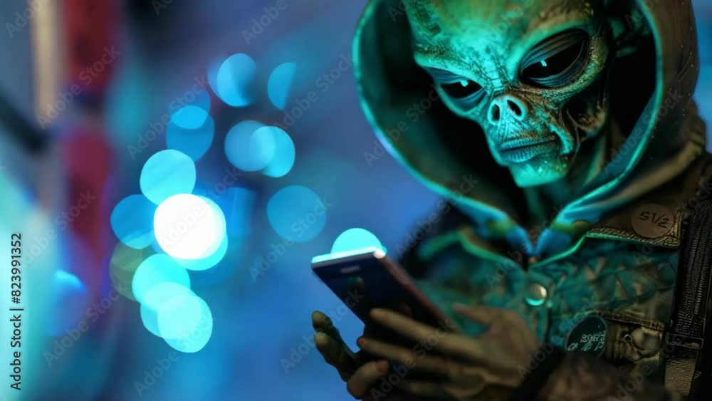 alien looking and using smartphone social media. alien with phone. 4k new stock video footage Ai.
