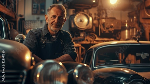 The picture of the adult mechanic looking at the camera with the vintage car in the automobile workshop that use for checking and repairing the various vehicle that need to use the experience. AIG43. photo