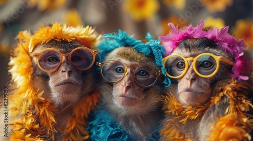Creative animal concept. Group of monkeys in wild mismatched colourful outfits isolated on bright background. Birthday party invite invitation banner.