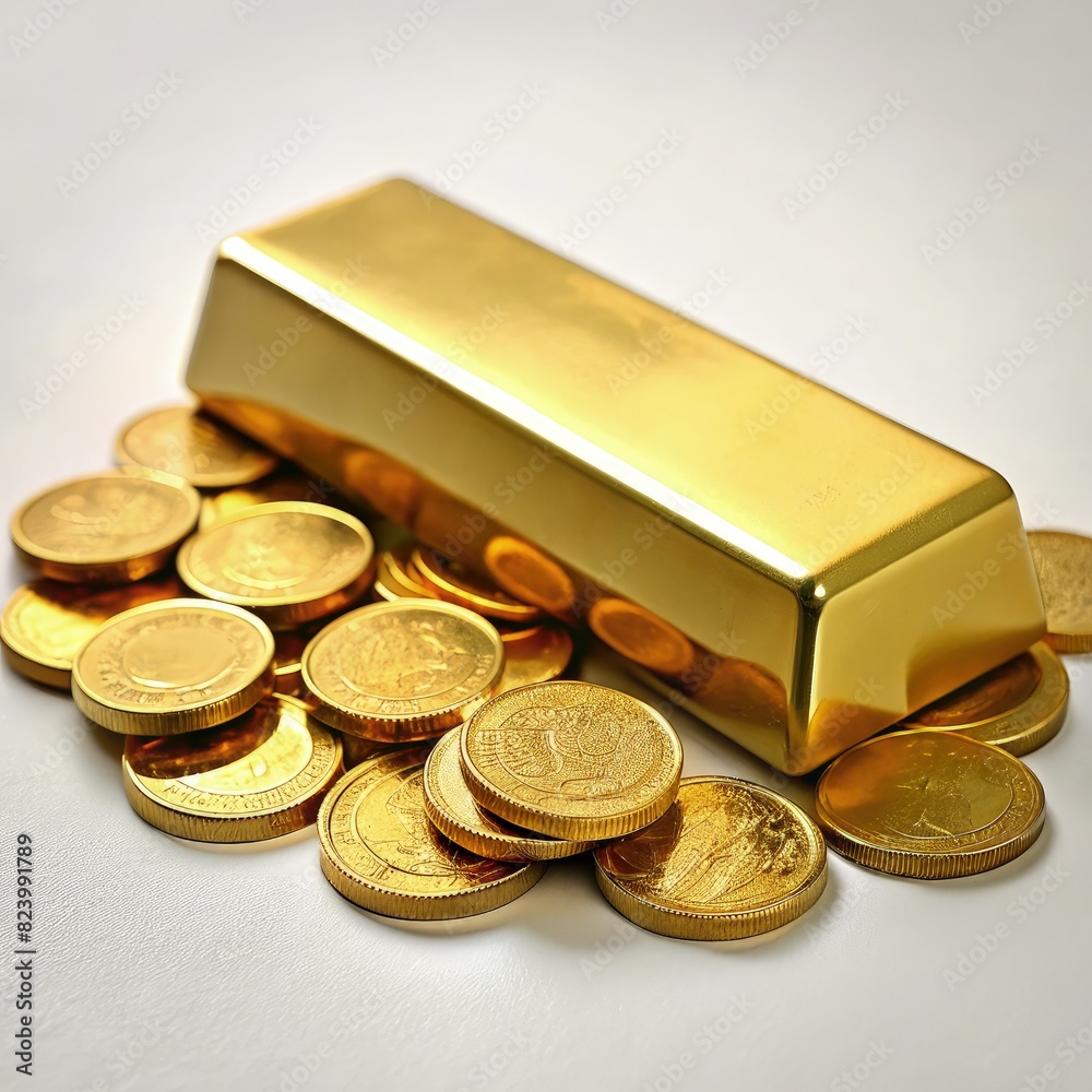 Gold Bar Atop Pile of Coins. Generative AI Gold Bar Atop Pile of Coins. Generative AI