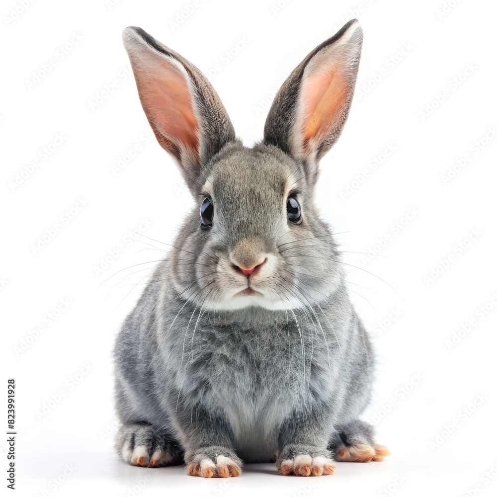 Gray Rabbit Sitting on Top of White Floor. Generative AI Gray Rabbit Sitting on Top of White Floor. Generative AI