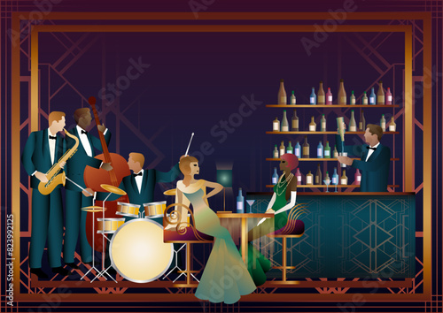 Jazz musicians and singer in a restaurant, cafe or bar. Double bass, saxophone, drum. Musicians play musical instruments