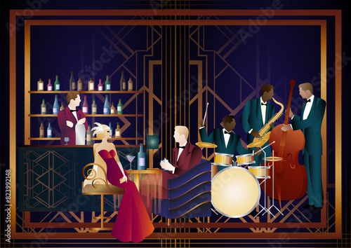 Jazz musicians and singer in a restaurant, cafe or bar. Double bass, saxophone, drum. Musicians play musical instruments