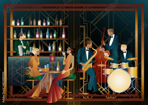 Jazz musicians and singer in a restaurant, cafe or bar. Double bass, saxophone, drum. Musicians play musical instruments