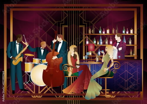 Jazz musicians and singer in a restaurant, cafe or bar. Double bass, saxophone, drum. Musicians play musical instruments