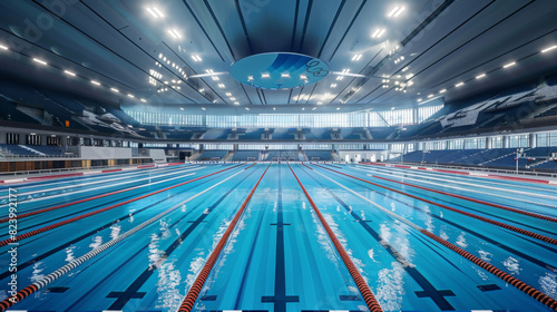 Olympic sized swimming pool. Interior swimming pool, stadium, event. Brightly lit, fresh water.  photo