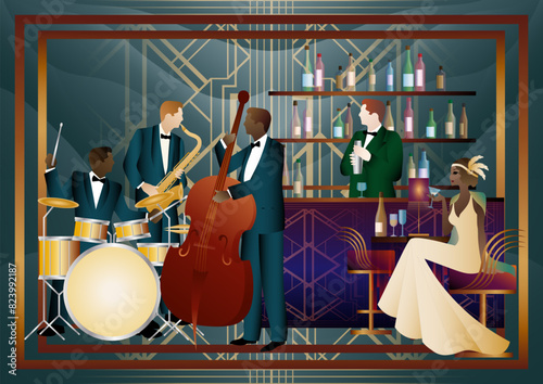 Jazz musicians and singer in a restaurant, cafe or bar. Double bass, saxophone, drum. Musicians play musical instruments