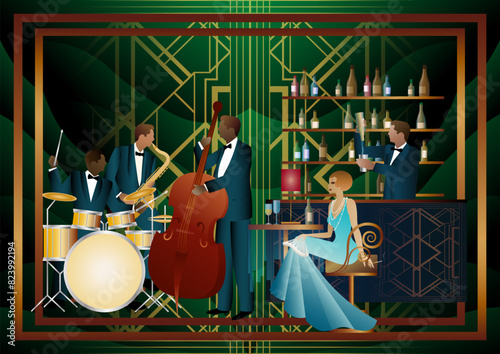 Jazz musicians and singer in a restaurant, cafe or bar. Double bass, saxophone, drum. Musicians play musical instruments