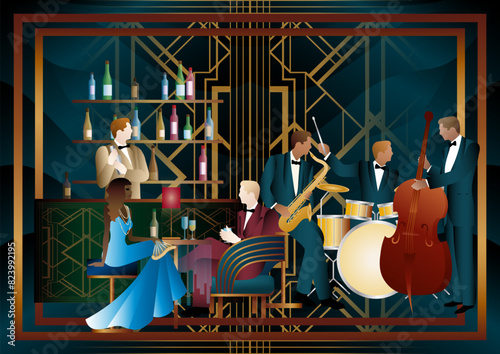 Jazz musicians and singer in a restaurant, cafe or bar. Double bass, saxophone, drum. Musicians play musical instruments