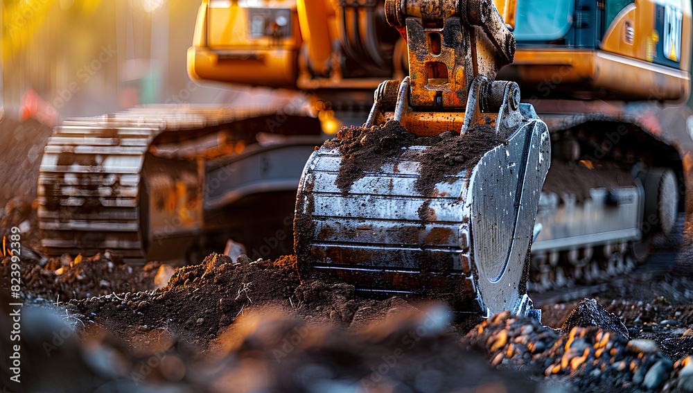 Backhoe working by digging soil at construction site. Crawler excavator digging on soil. Excavation vehicle.
Backhoe working by digging soil at construction site. Crawler excavator digging on soil. Excavation vehicle.