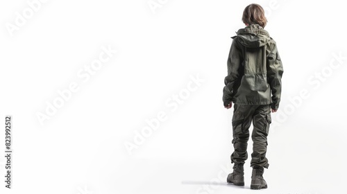lonely young boy in survivor outfit walking away seen from behind isolated on white emotional concept