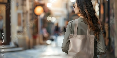 Environmentalconscious model showcases blank tote bag in trendy street fashion scene. Concept Sustainable Fashion, Street Style, Tote Bag, Environmentally Conscious, Trendy Outfit photo