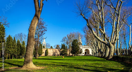 trees, courtyard  garden, gate and tower of topkapi palace  istanbul photo