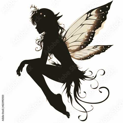 Enchanting fairy silhouette with detailed wings on white background