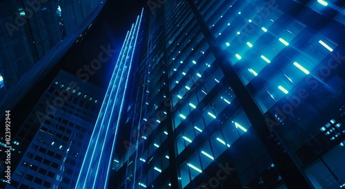 Close up of a modern office building with blue lights at night