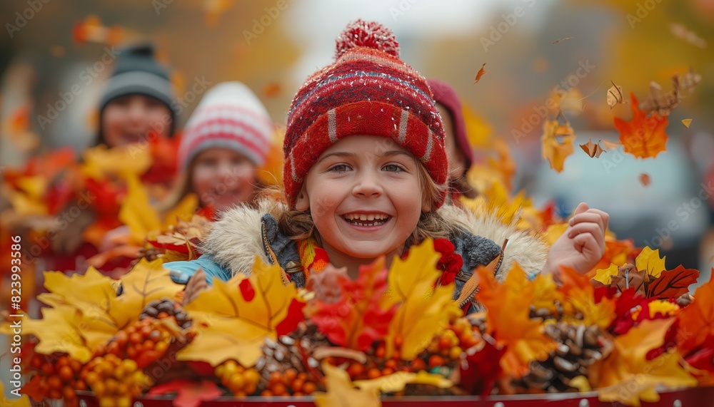 Little girl throwing autumn leaves with joy