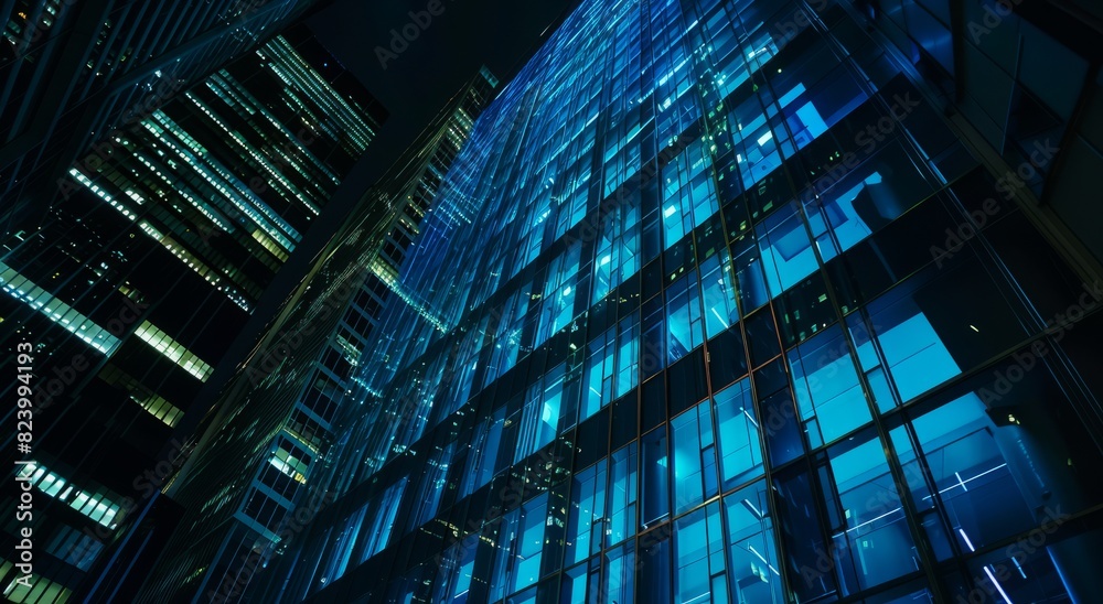 Close up of a modern office building with blue lights at night