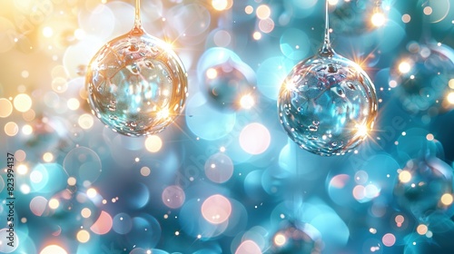   Two ornaments dangle from a string against a blue-yellow backdrop, with light-filled bouquets and glistening bubbles photo