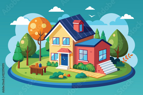 Cozy suburban house illustration with garden and trees in flat design style, ideal for real estate concepts