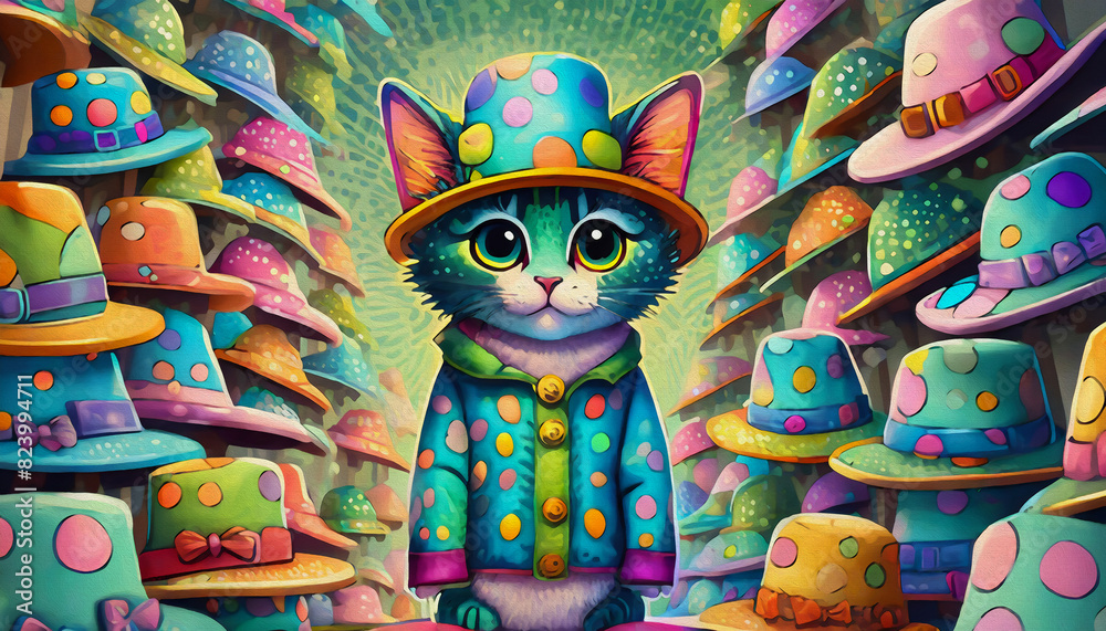 Naklejka premium oil painting style cartoon character multicolored baby cat trying on retro hats at the shop,