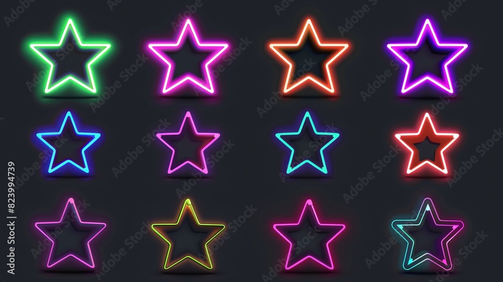 A set of neon stars of different colors on a black background in three rows