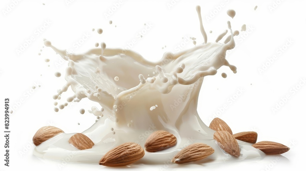 milk splash with whole almonds isolated on white background dairy product concept photo milk splash with whole almonds isolated on white background dairy product concept photo