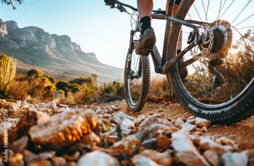 Close up of cyclist riding mountain bike on rocky road, clear sky, focus on the wheels and rider's legs, clear daylight photo