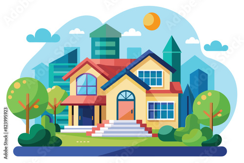 Flat vector illustration of a modern house with city skyline background, depicting suburban or urban living