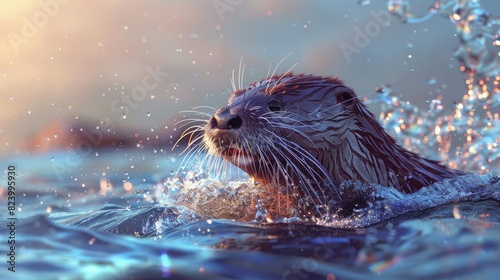 A playful otter splashing in the water. realistic photo