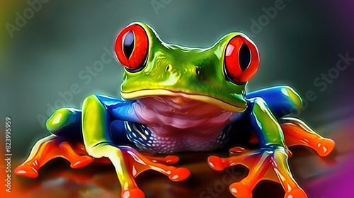  Green frog with red eyes perched on wooden board against hazy backdrop