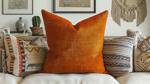   A cluster of cushions perched atop a sofa adjacent to an end table featuring a potted plant