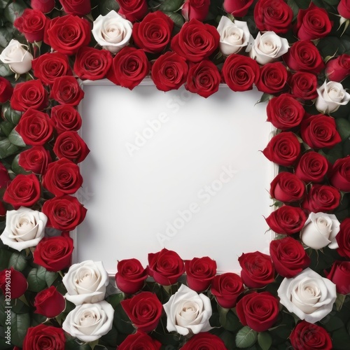 valentines day frame featuring a white blank center with surrounding abundant red rose