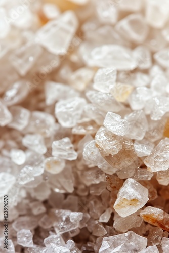 A detailed macro photo capturing the texture and irregular shapes of granulated sugar resembling small crystals