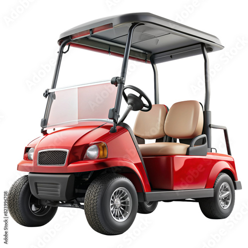 A red golf cart with two seats and a black roof. © Teoma Sign