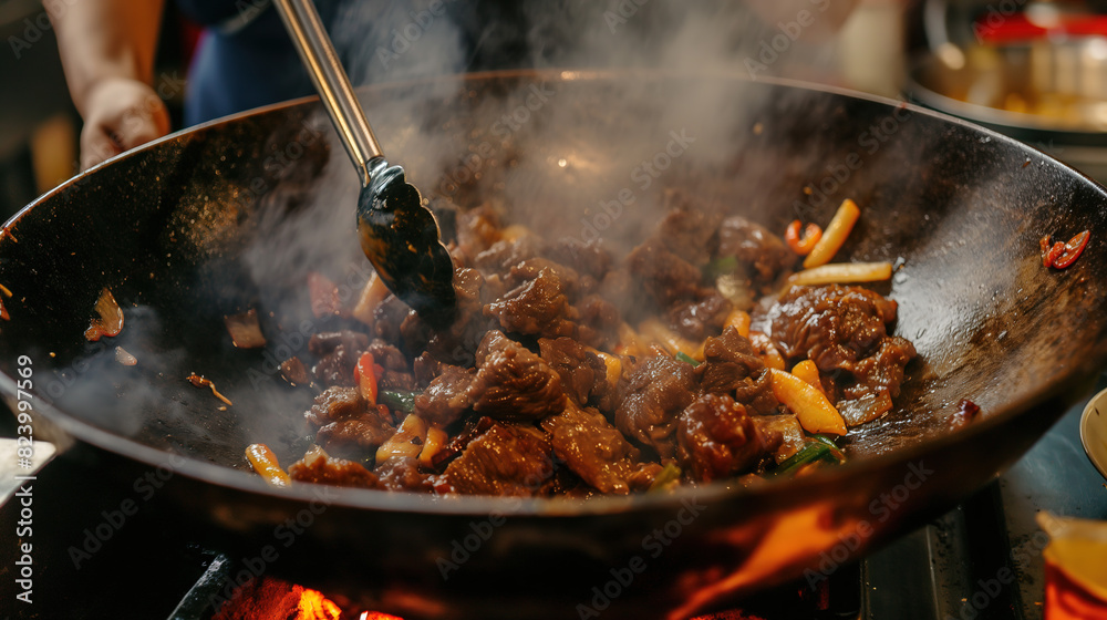 black wok with beef and vegetables being fried in oil, filled to the brim with smoke rising from it as food is sizzling inside, showcasing an Asian streetstyle dish black wok with beef and vegetables being fried in oil, filled to the brim with smoke rising from it as food is sizzling inside, showcasing an Asian streetstyle dish