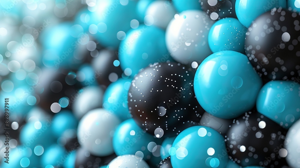 A group of blue and black balloons with white and black dots atop them float through the sky A group of blue and black balloons with white and black dots atop them float through the sky