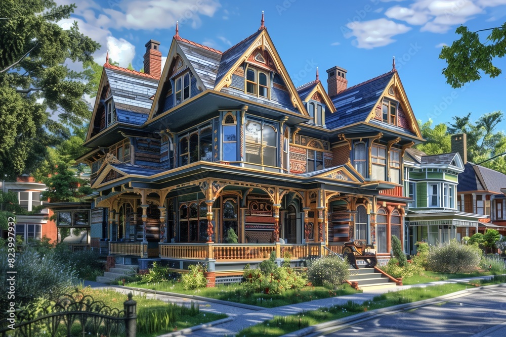 : A classic Victorian-style suburban house with intricate woodwork, colorful exterior paint, and a wraparound porch, set in a picturesque neighborhood street. : A classic Victorian-style suburban house with intricate woodwork, colorful exterior paint, and a wraparound porch, set in a picturesque neighborhood street.