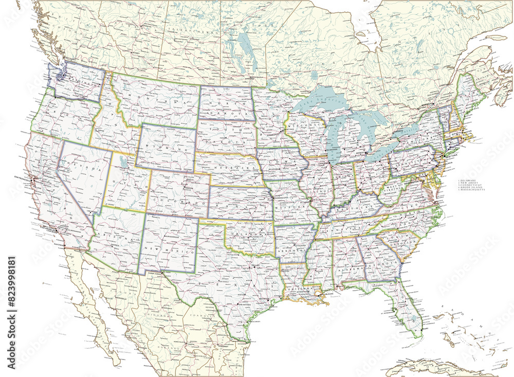 United States of America political map. Super high quality. Detailed with thousands of place name labels.