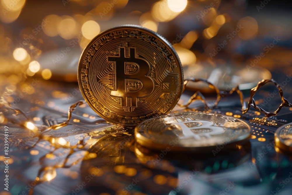 Photo of Golden Bitcoins new virtual money, Bitcoin going up in a bull run with a chart in the background, AI generated Photo of Golden Bitcoins new virtual money, Bitcoin going up in a bull run with a chart in the background, AI generated