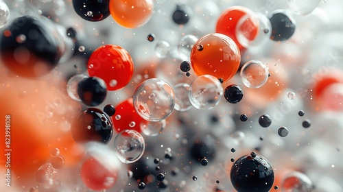   A collection of spheres hovering over a monochrome background  featuring shades of red  orange  and black