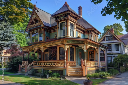 : A classic Victorian-style suburban house with intricate woodwork, colorful exterior paint, and a wraparound porch, set in a picturesque neighborhood street. © Zeeshan