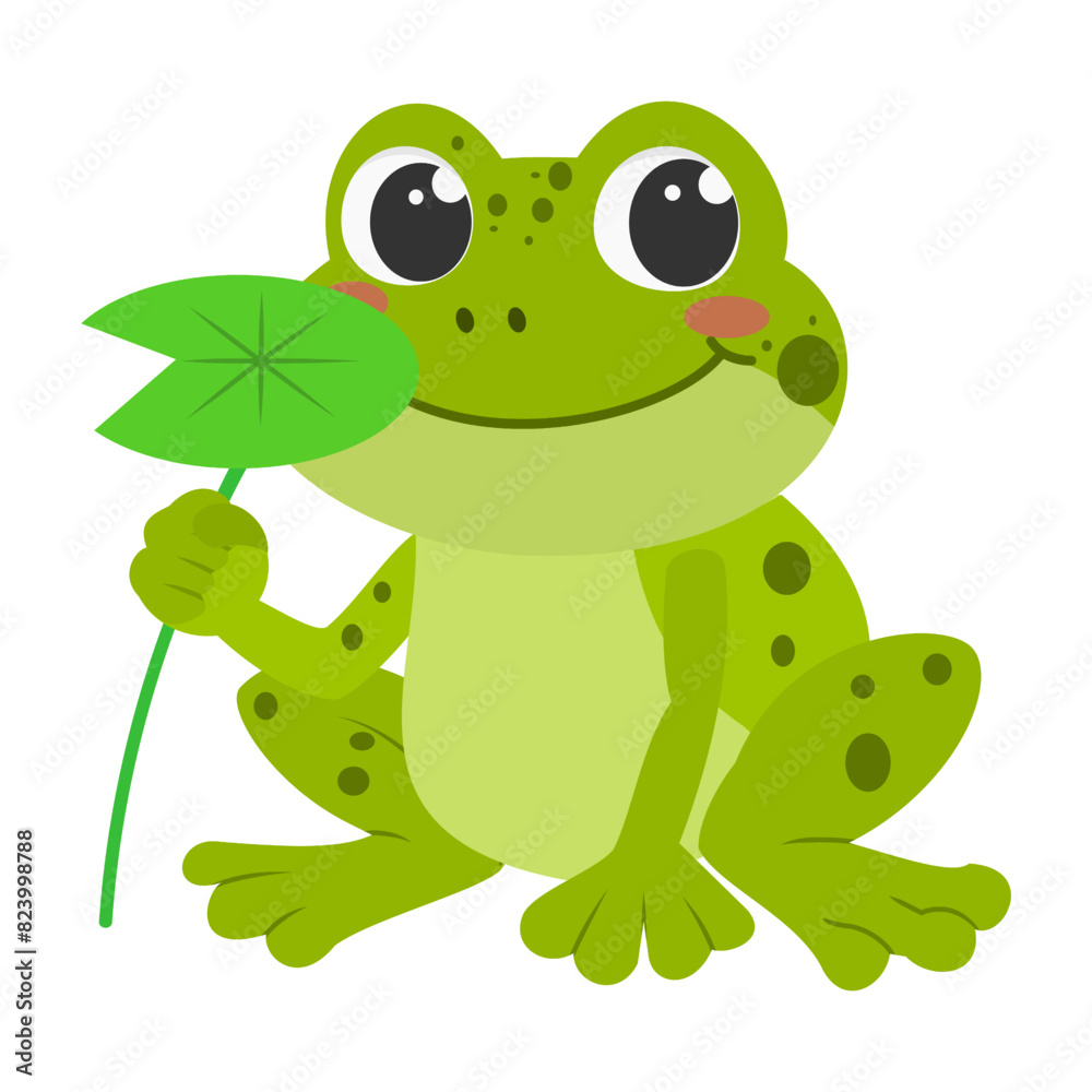 Obraz premium Cute funny smiling frog cartoon character vector illustration isolated on white background