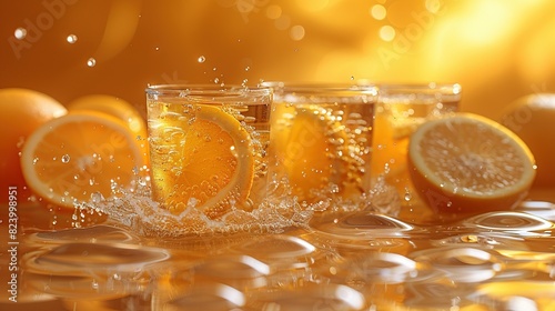  A cluster of oranges and lemons spilling water onto a gleaming surface