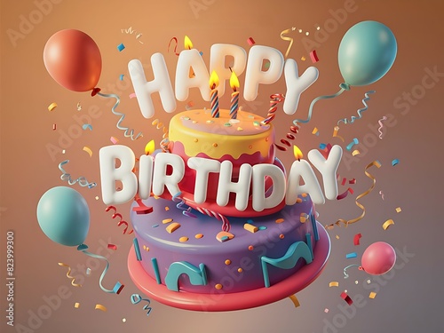  a colorful birthday cake with candles and the words “Happy Birthday” on top, surrounded by balloons and confetti. photo