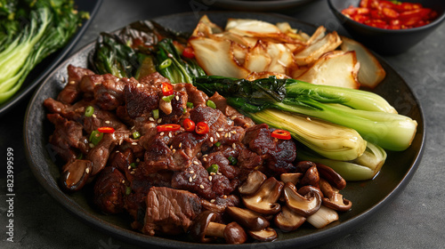 Sichuan-style beef with mushrooms and bok choy, served on a black plate, accompanied by a kimchi side dish against a dark grey background in a closeup shot
