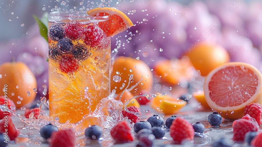 A close-up of a fruit drink with a water splash and grapefruit, raspberries, blueberries, and oranges A close-up of a fruit drink with a water splash and grapefruit, raspberries, blueberries, and oranges