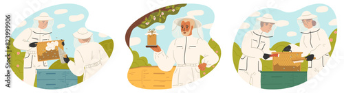 Beekeepers collecting honey harvesting at apiary scene set